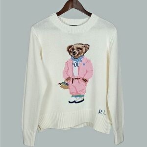 Cream Sweater with Bear Design mens small women’s large . Can fit men or women